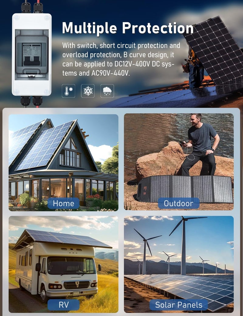 DIHOOL AC DC Circuit Breaker with IP65 Din Box for Solar Systems, 30 Amp 2 Pole 12V-400V, Non Polarized, Solar Panel Disconnect Switch, PV Array Shut Off Isolator - Image 2